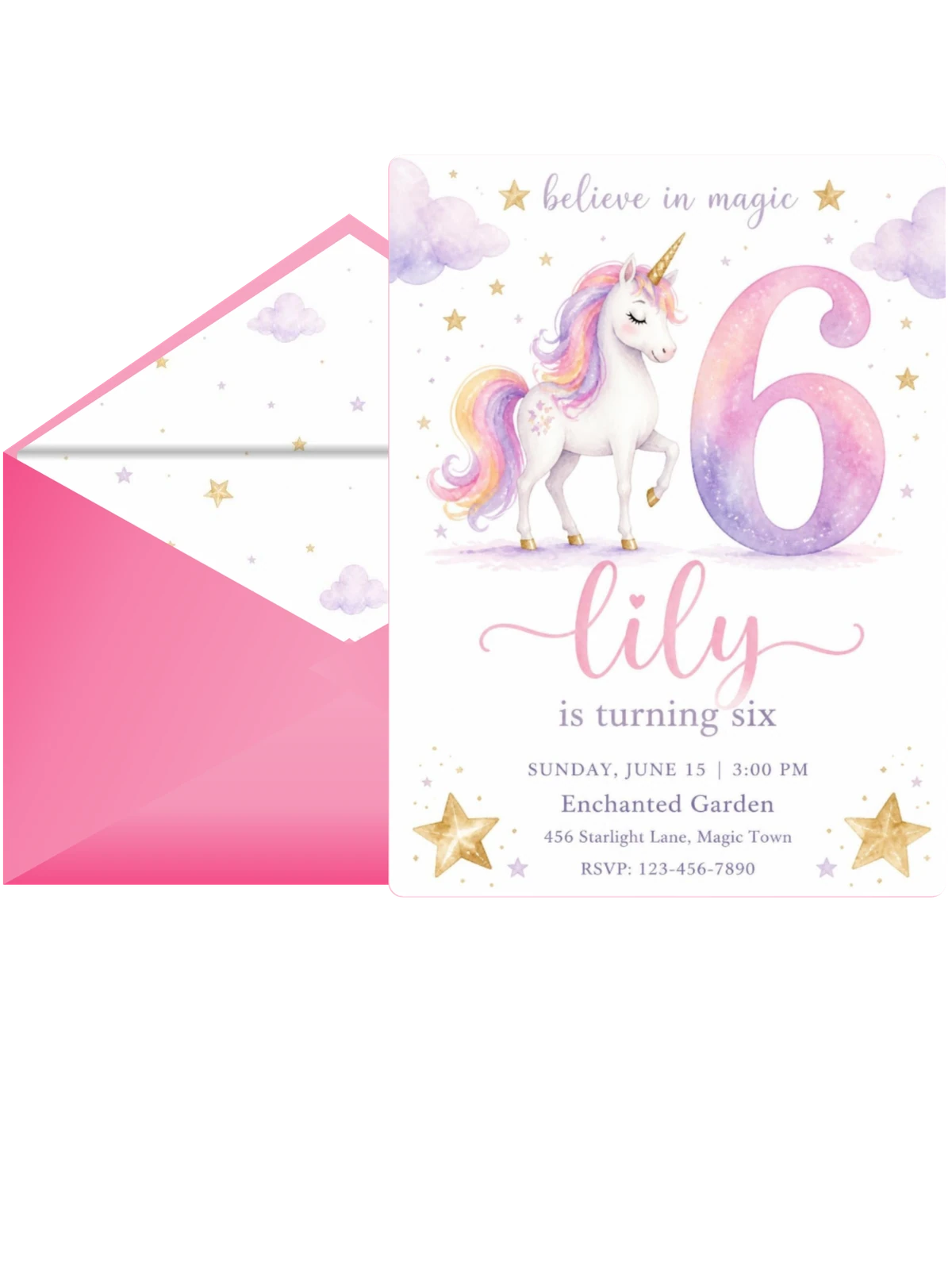 Watercolor Unicorn 6th Birthday Invitation