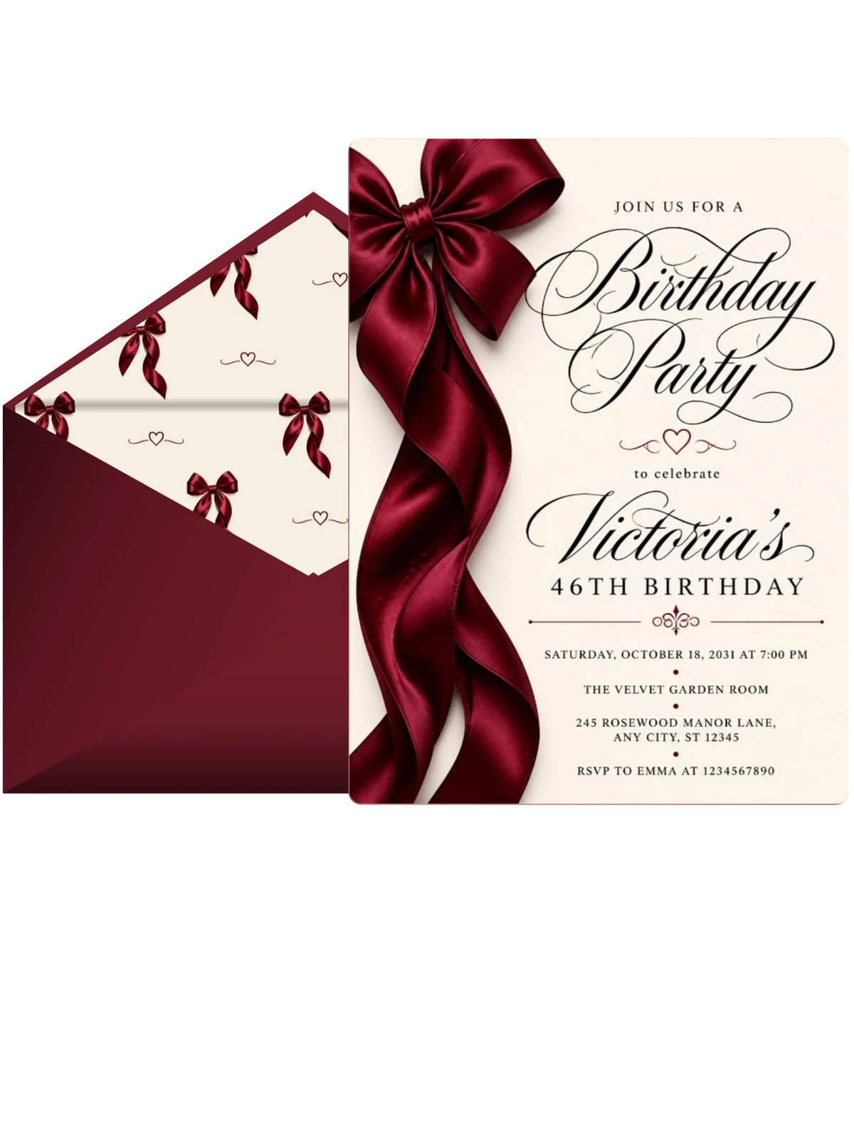 Burgundy Satin Bow 46th Birthday Invitation