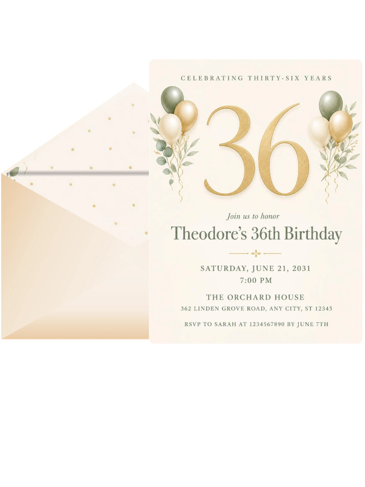 Sage and Ivory 36th Birthday Invitation