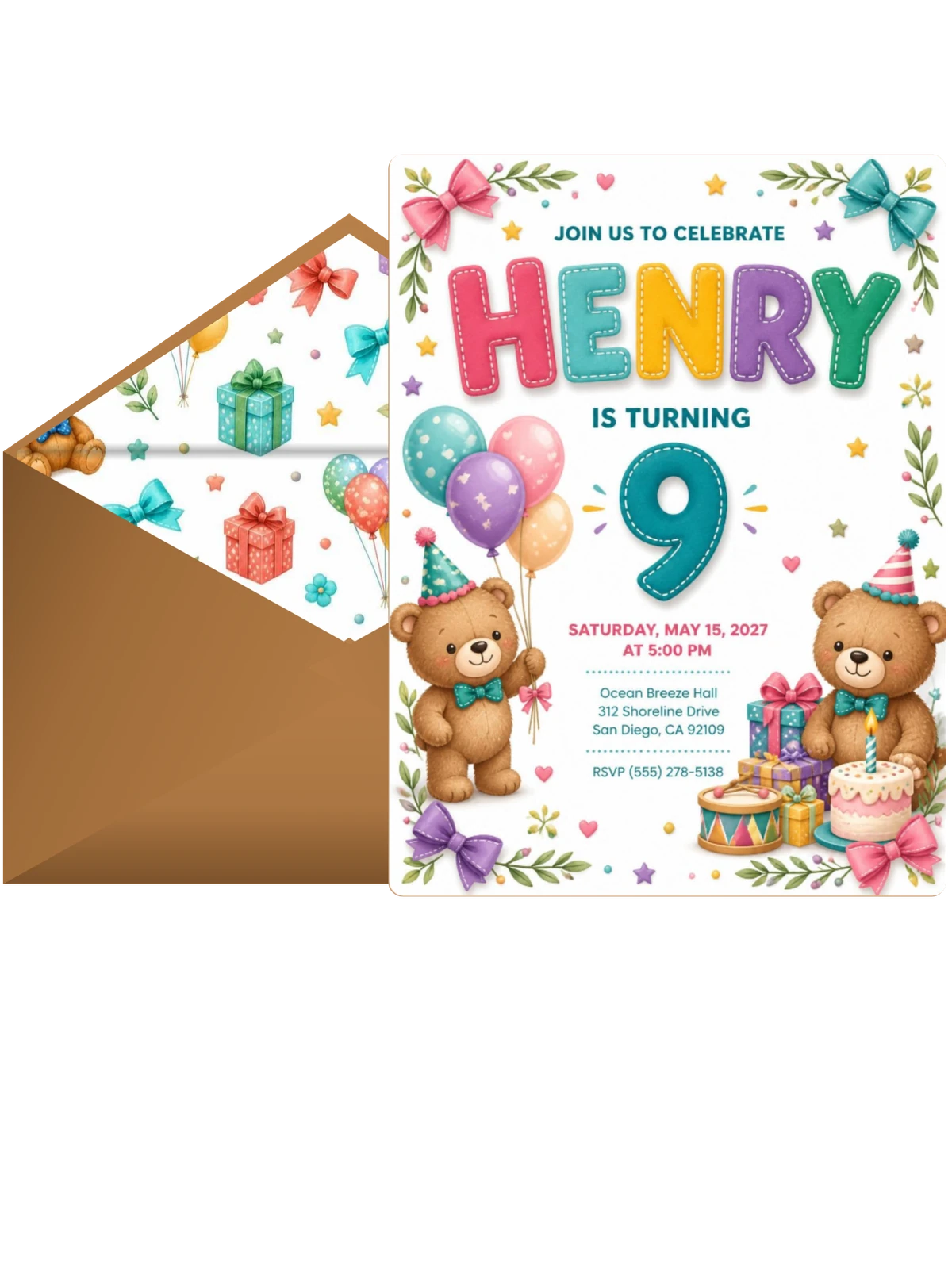 Stitched Teddy Bear 9th Birthday Invitation