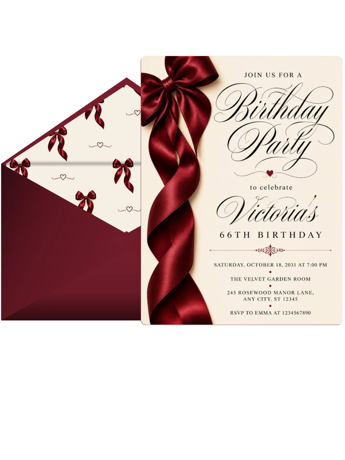 Burgundy Satin Bow 66th Birthday Invitation