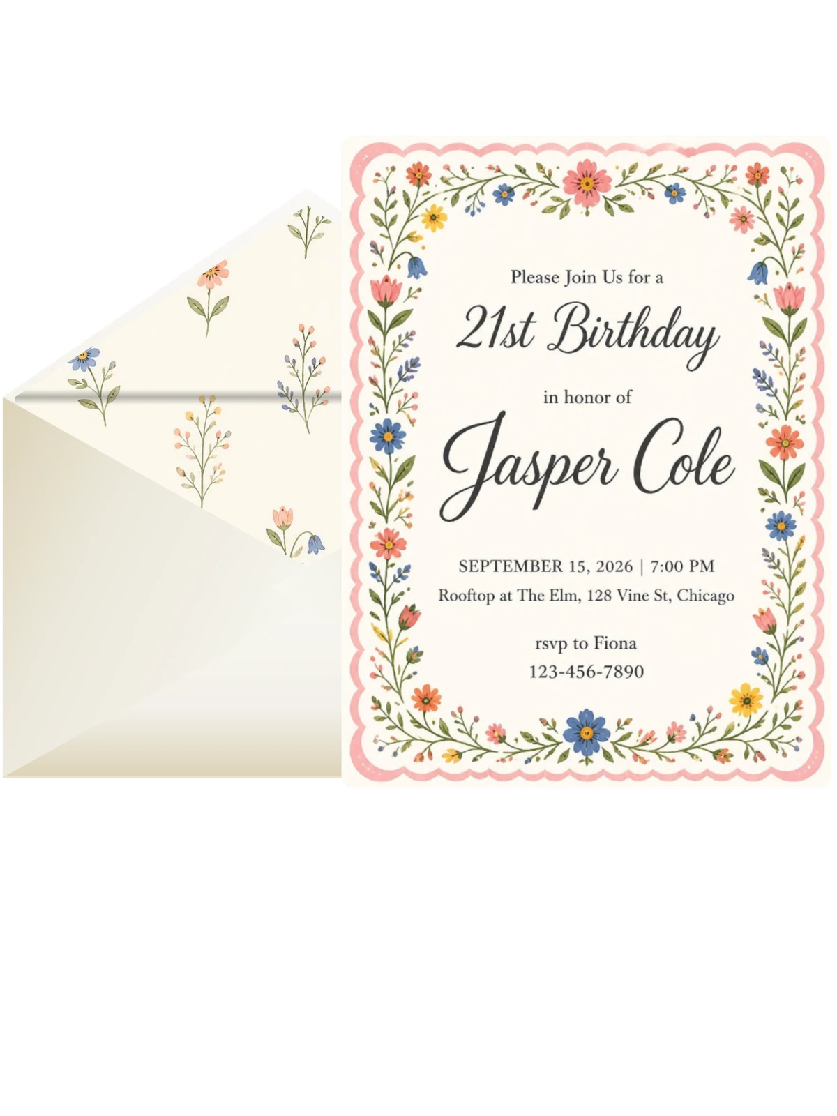 Pink Scallop Wildflower 21st Birthday Invitation