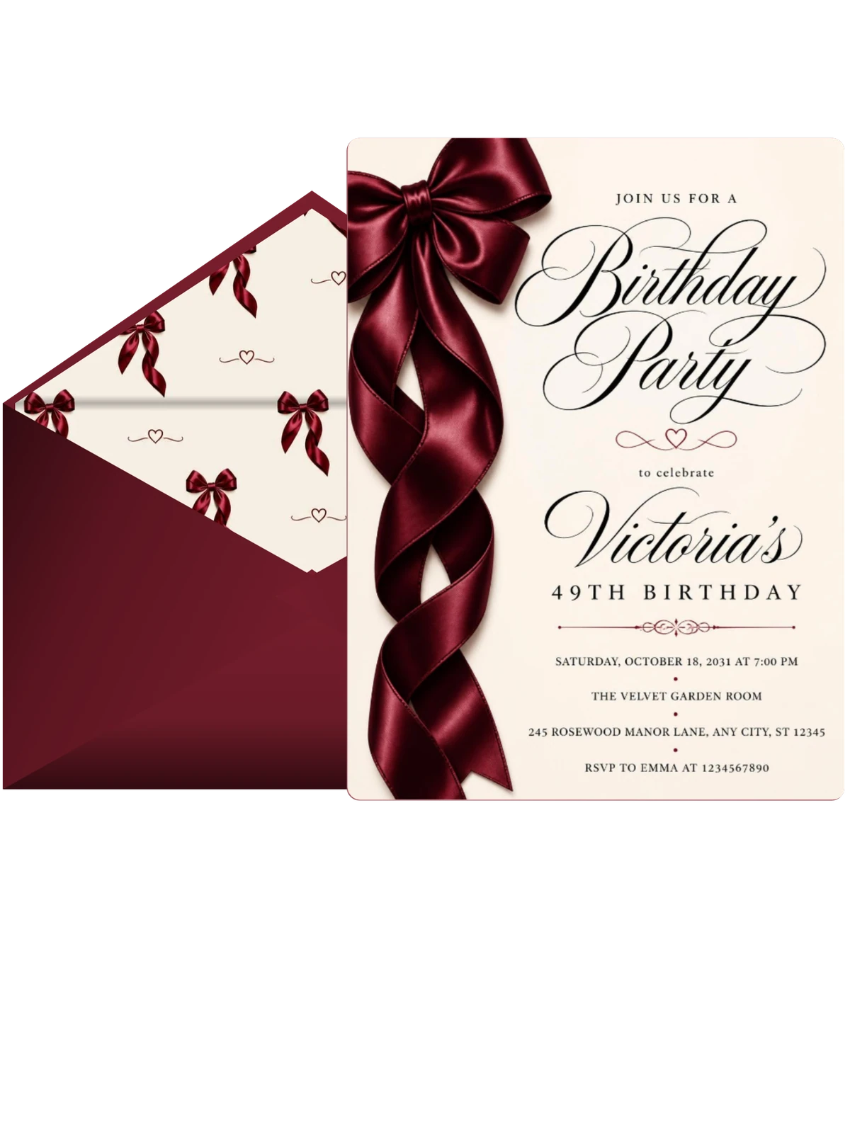 Burgundy Satin Bow 49th Birthday Invitation