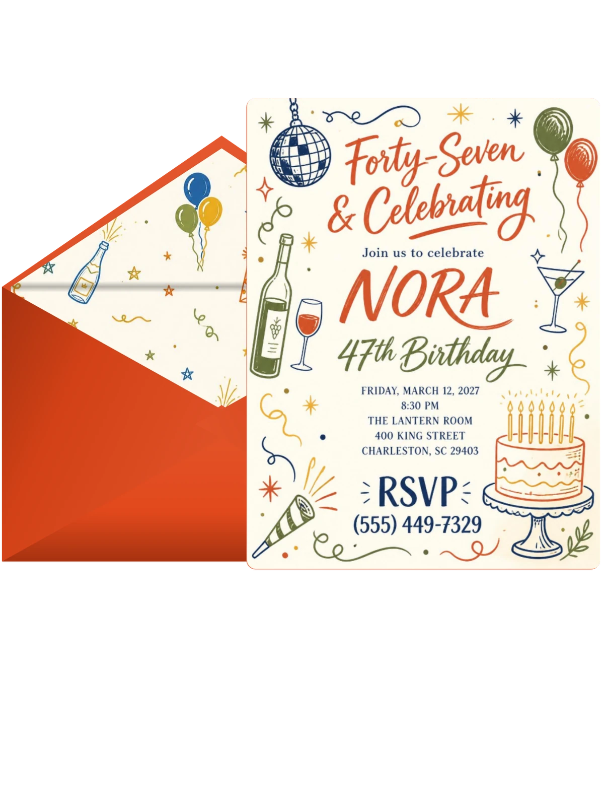 Retro Doodle 47th Birthday Invitation