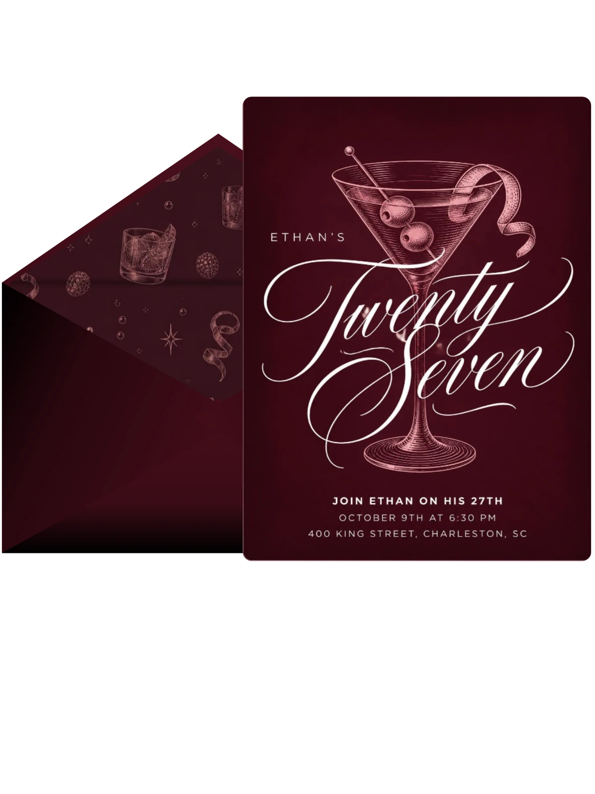 Burgundy Cocktail 27th Birthday Invitation