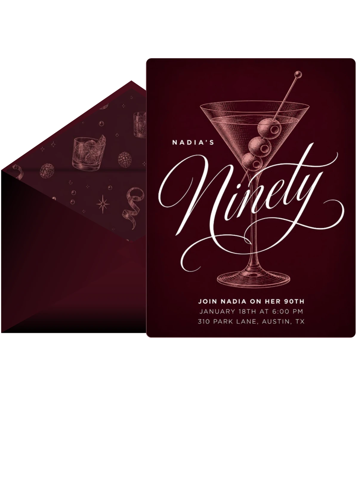 Burgundy Cocktail 90th Birthday Invitation