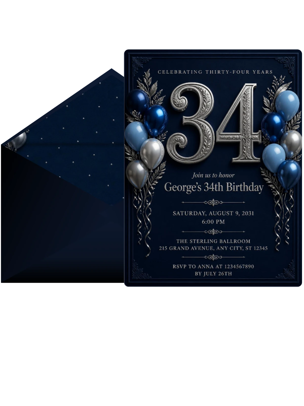 Navy and Silver 34th Birthday Invitation