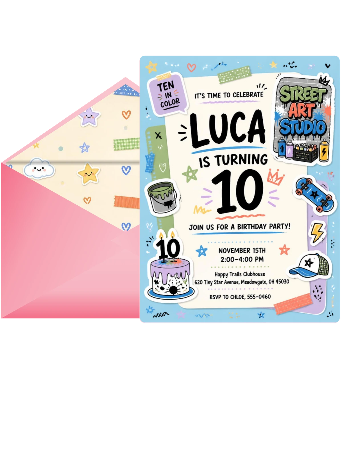 Pastel Street Art 10th Birthday Invitation