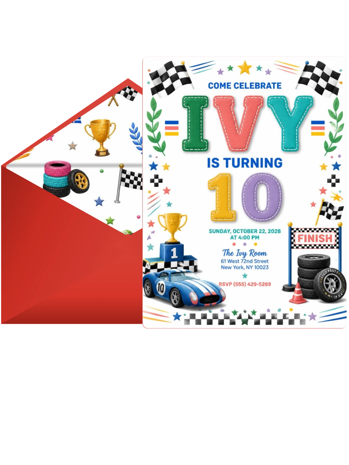 Stitched Race Car 10th Birthday Invitation