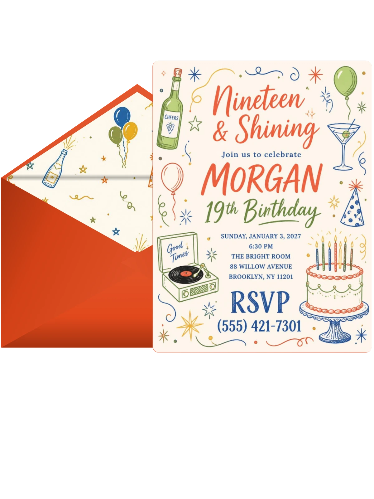 Retro Doodle 19th Birthday Invitation