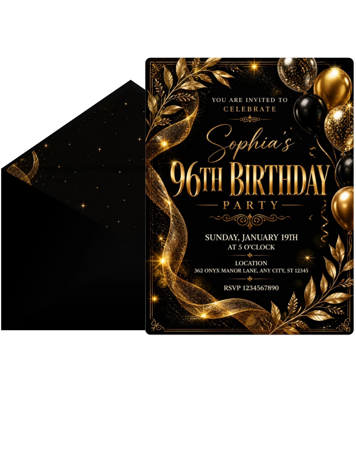 Black and Gold 96th Birthday Invitation