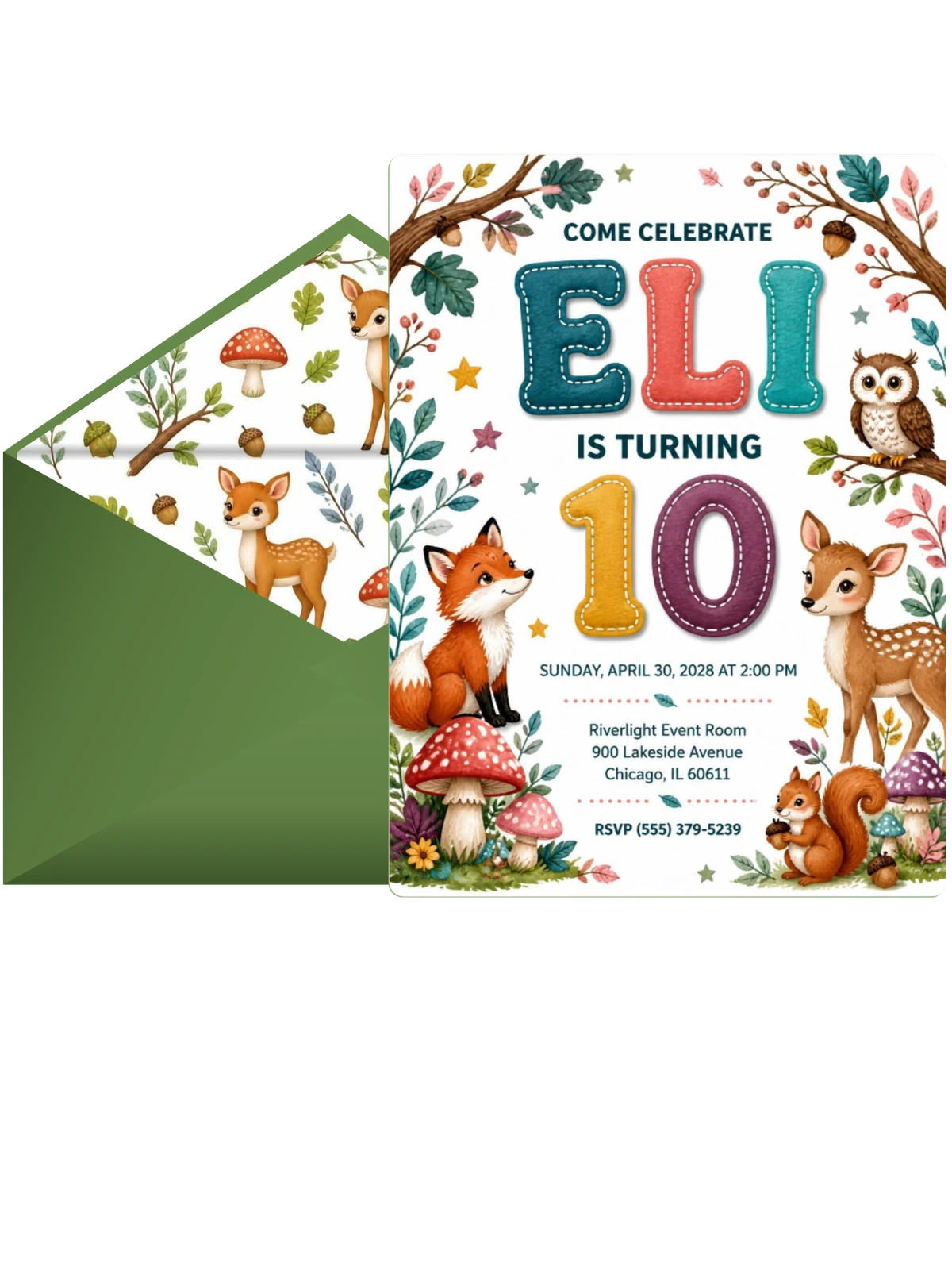 Stitched Woodland 10th Birthday Invitation
