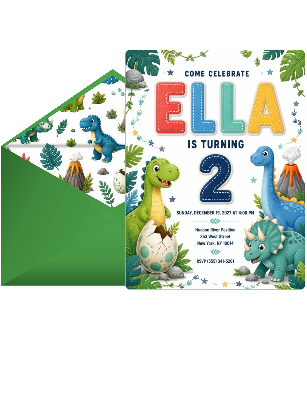 Stitched Dinosaur 2nd Birthday Invitation