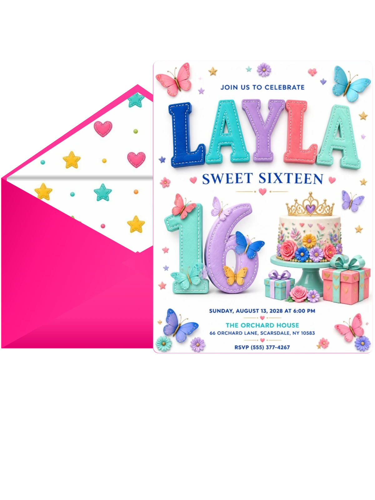 Stitched Butterfly Sweet Sixteen Invitation