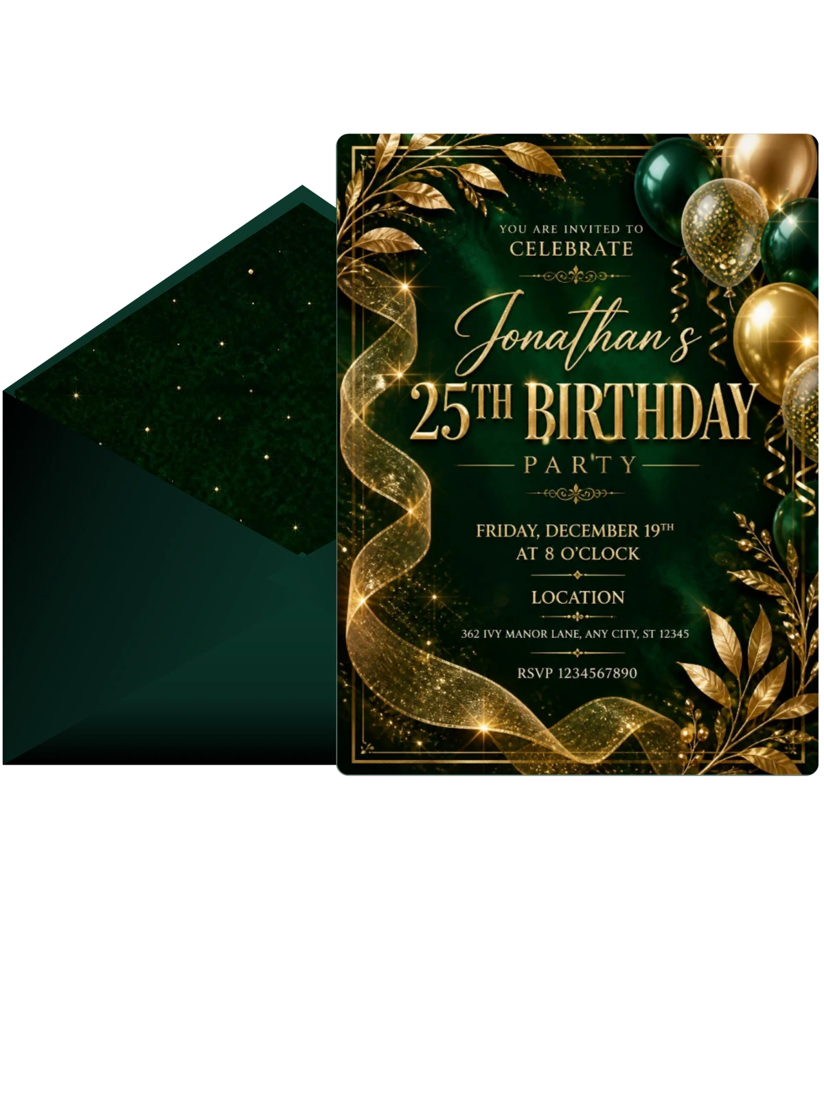 Emerald and Champagne 25th Birthday Invitation