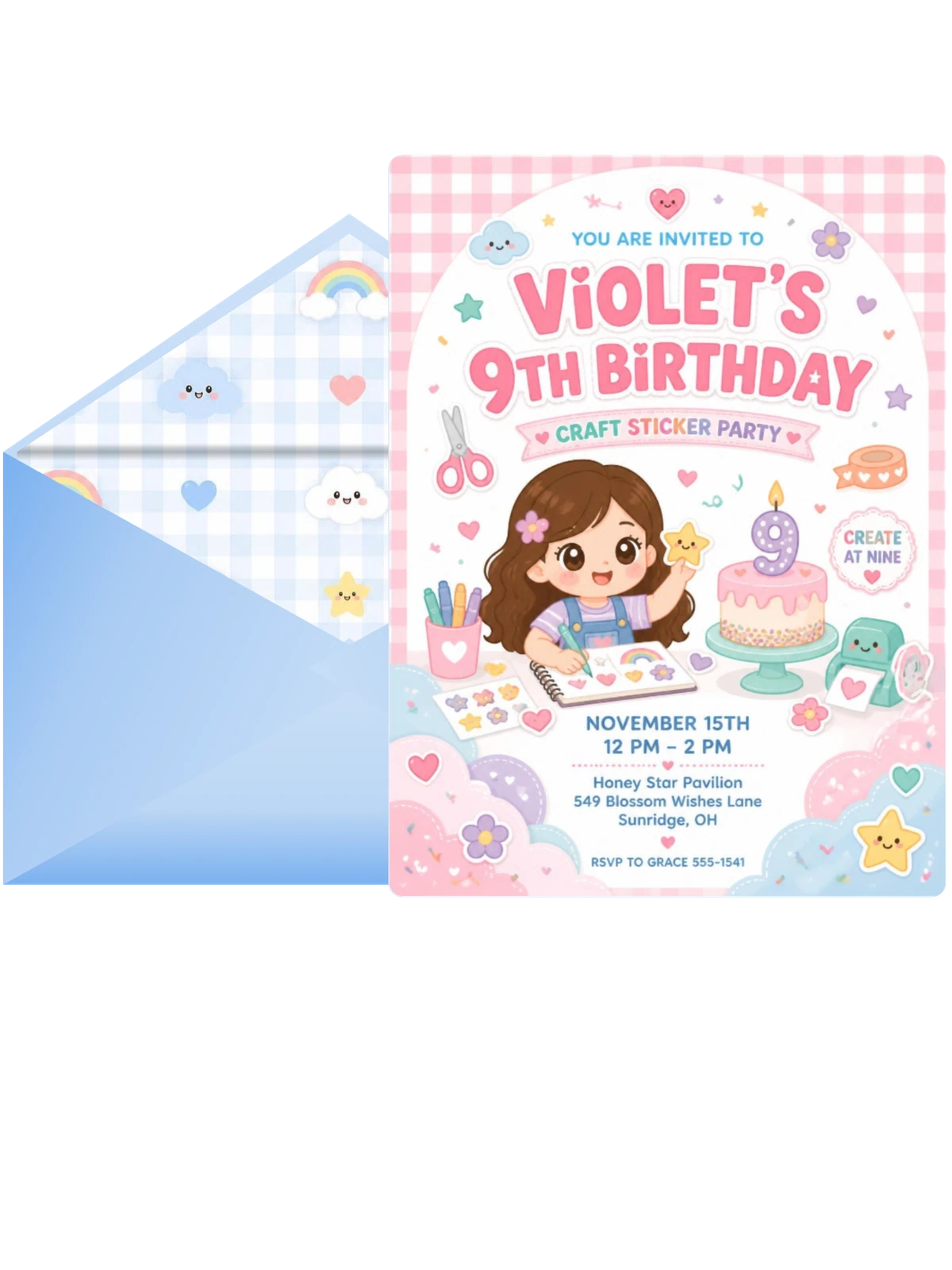 Kawaii Craft Sticker 9th Birthday Invitation