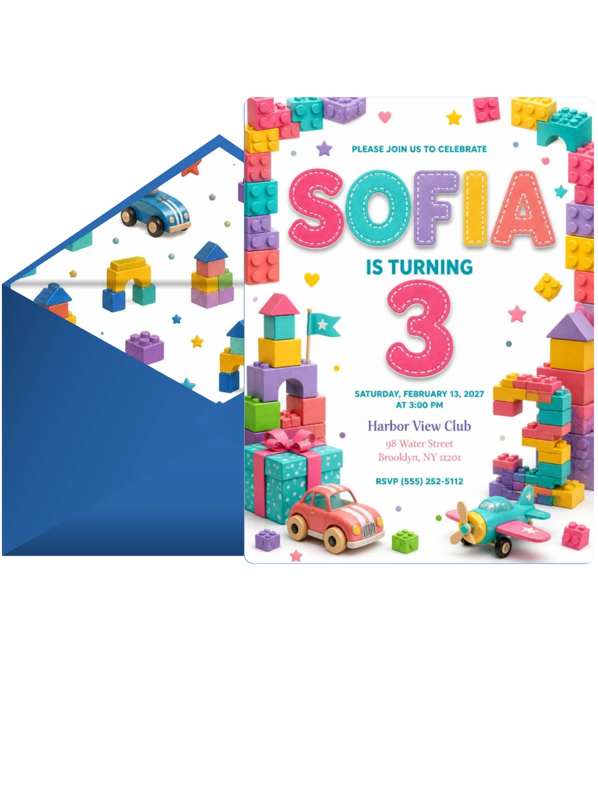 Stitched Toy Blocks 3rd Birthday Invitation