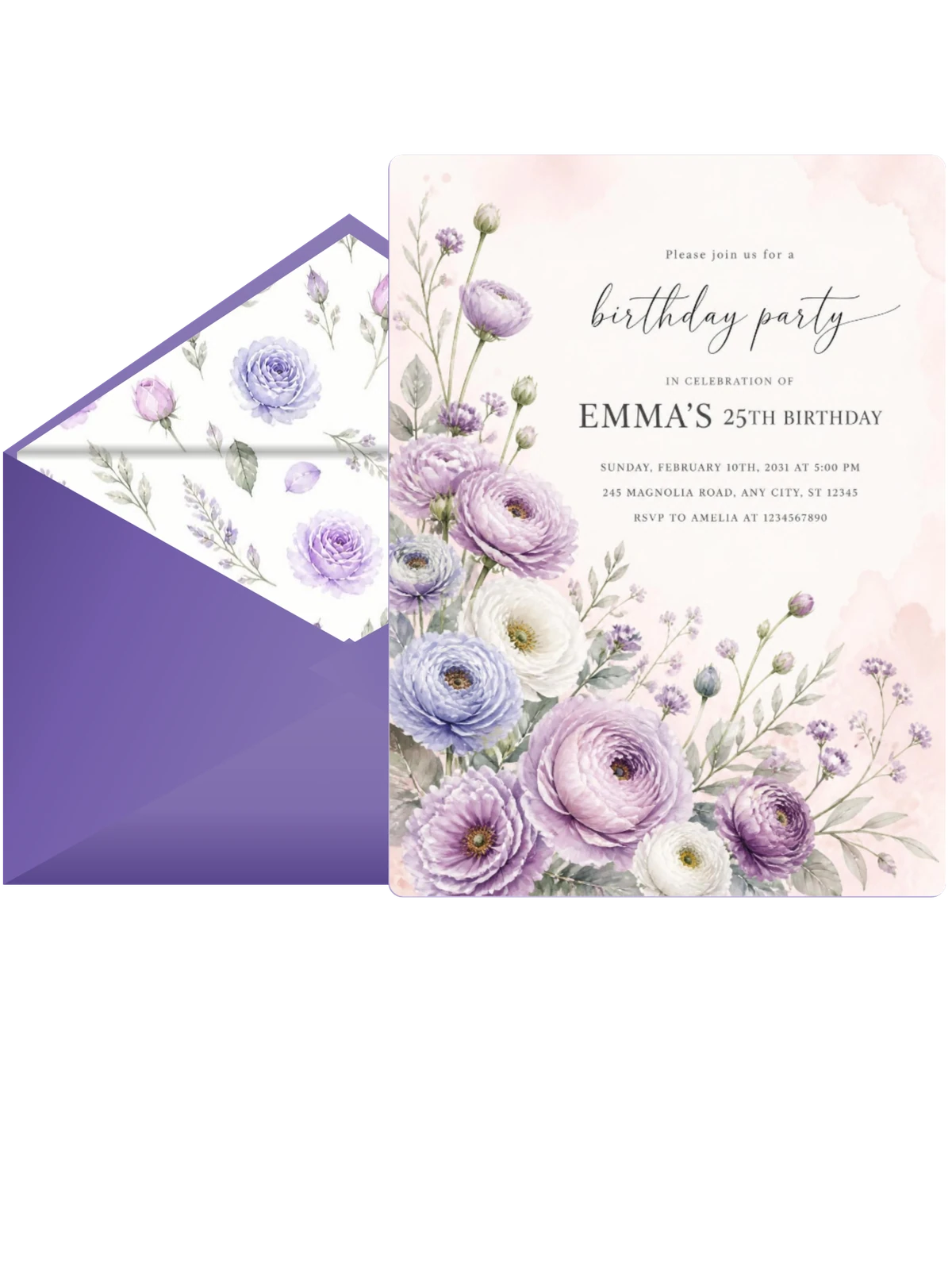 Botanical Bouquet Lavender 25th Birthday Invitation