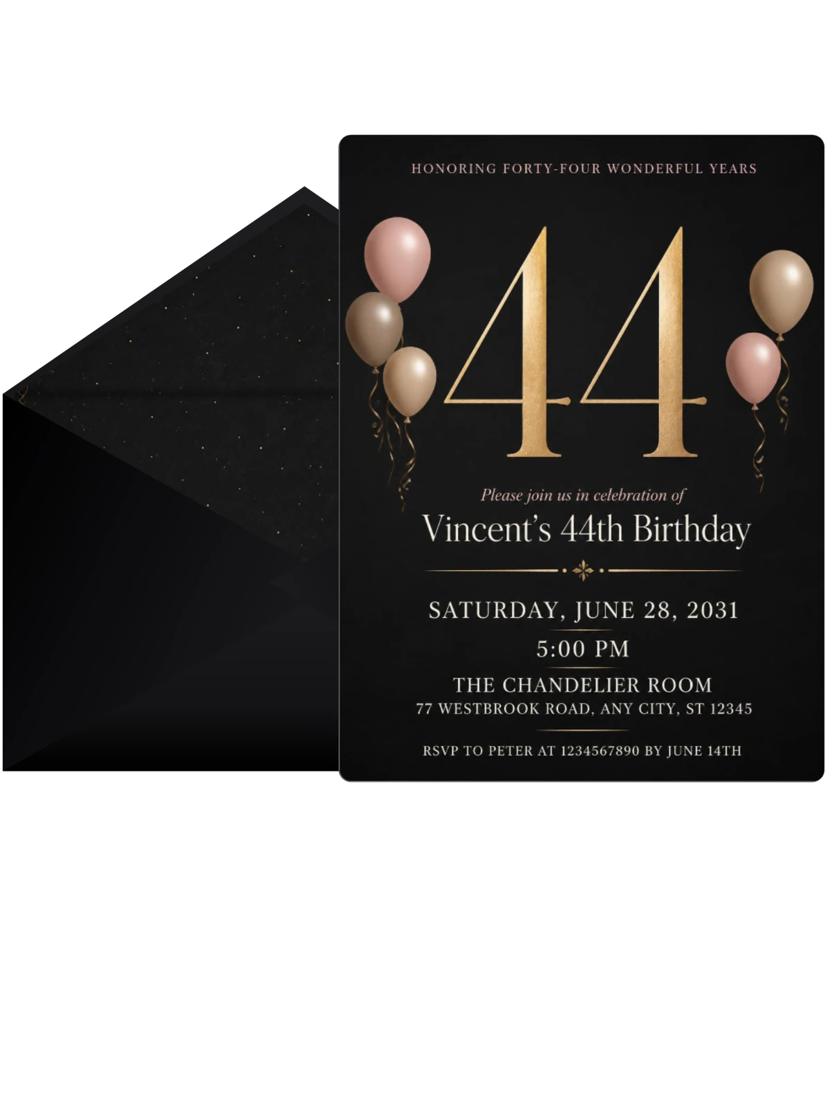 Charcoal and Blush 44th Birthday Invitation