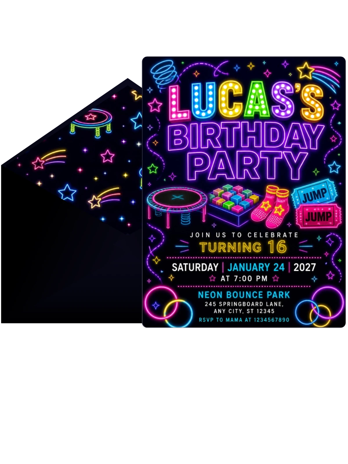 Neon Trampoline 16th Birthday Invitation