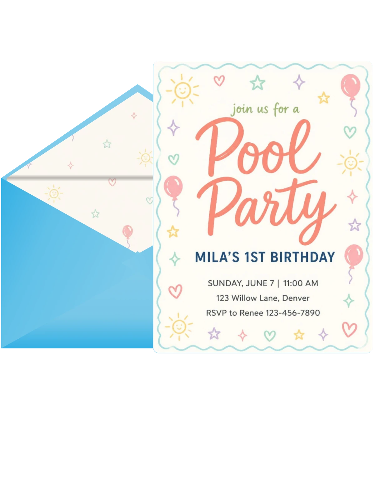 Pastel Hand-Drawn Icon 1st Birthday Invitation