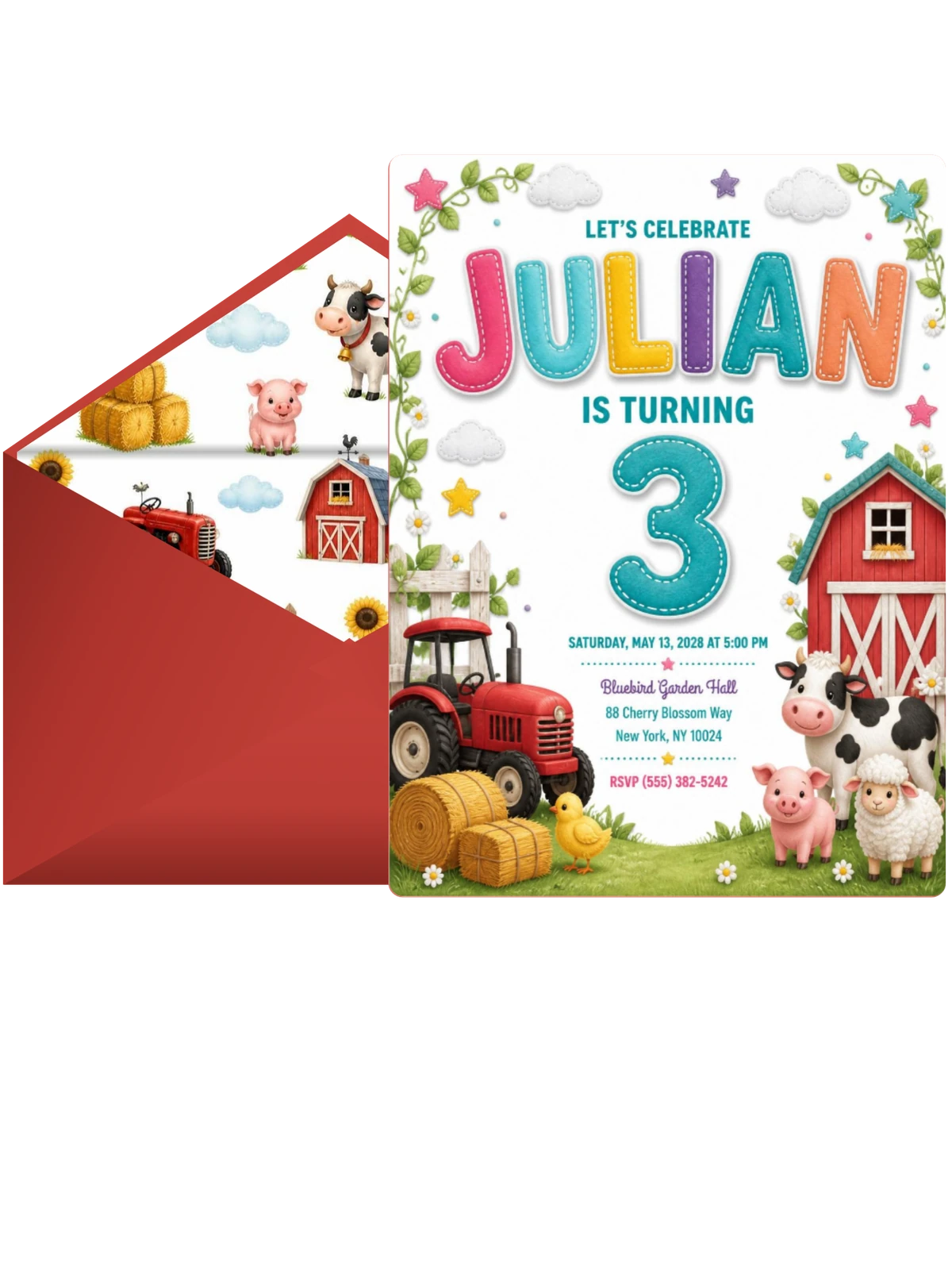 Stitched Farm 3rd Birthday Invitation