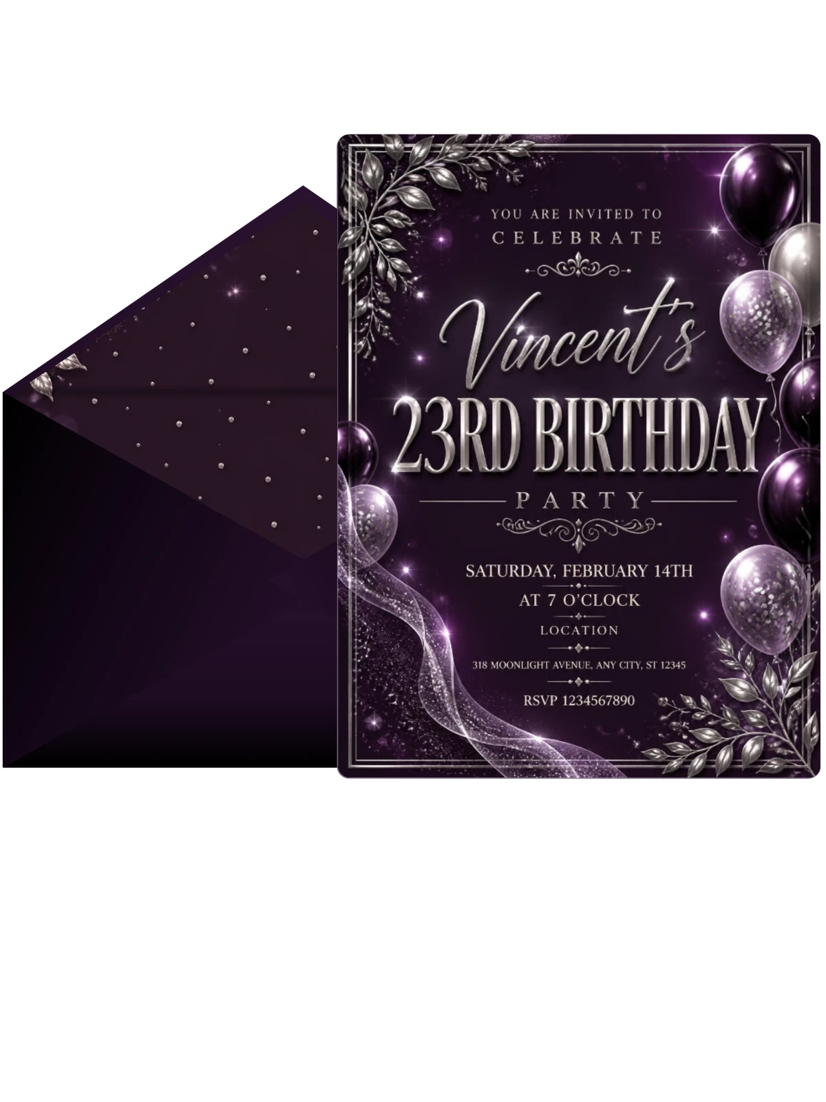 Plum and Silver 23rd Birthday Invitation