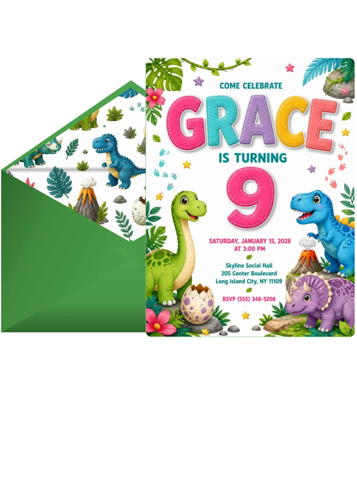 Stitched Dinosaur 9th Birthday Invitation