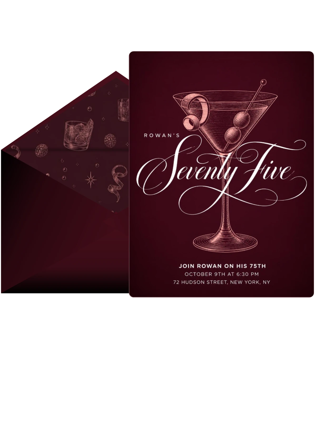 Burgundy Cocktail 75th Birthday Invitation