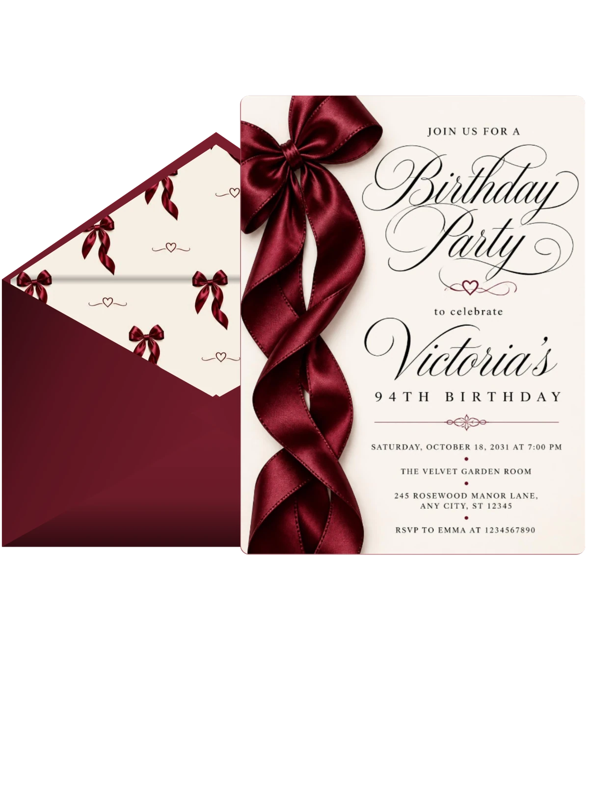 Burgundy Satin Bow 94th Birthday Invitation