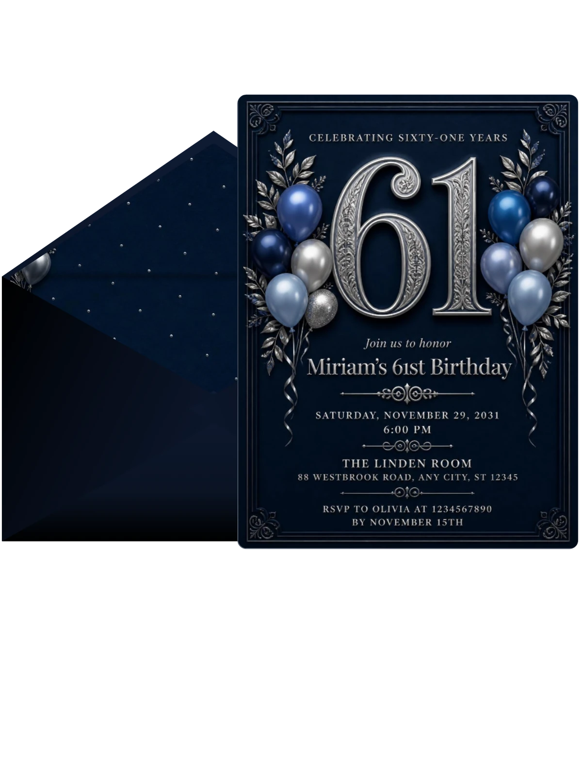 Navy and Silver 61st Birthday Invitation