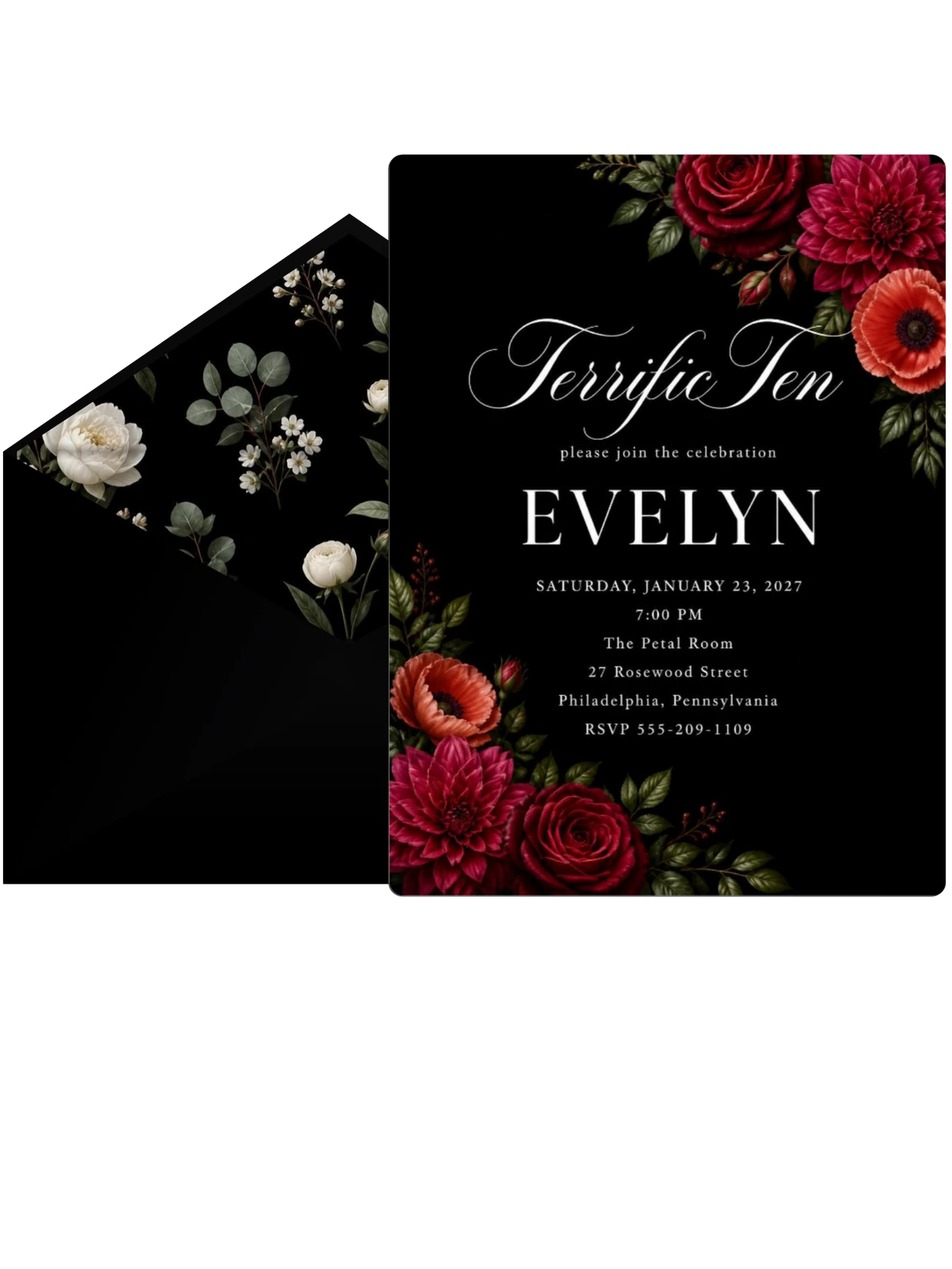 Black Floral 10th Birthday Invitation