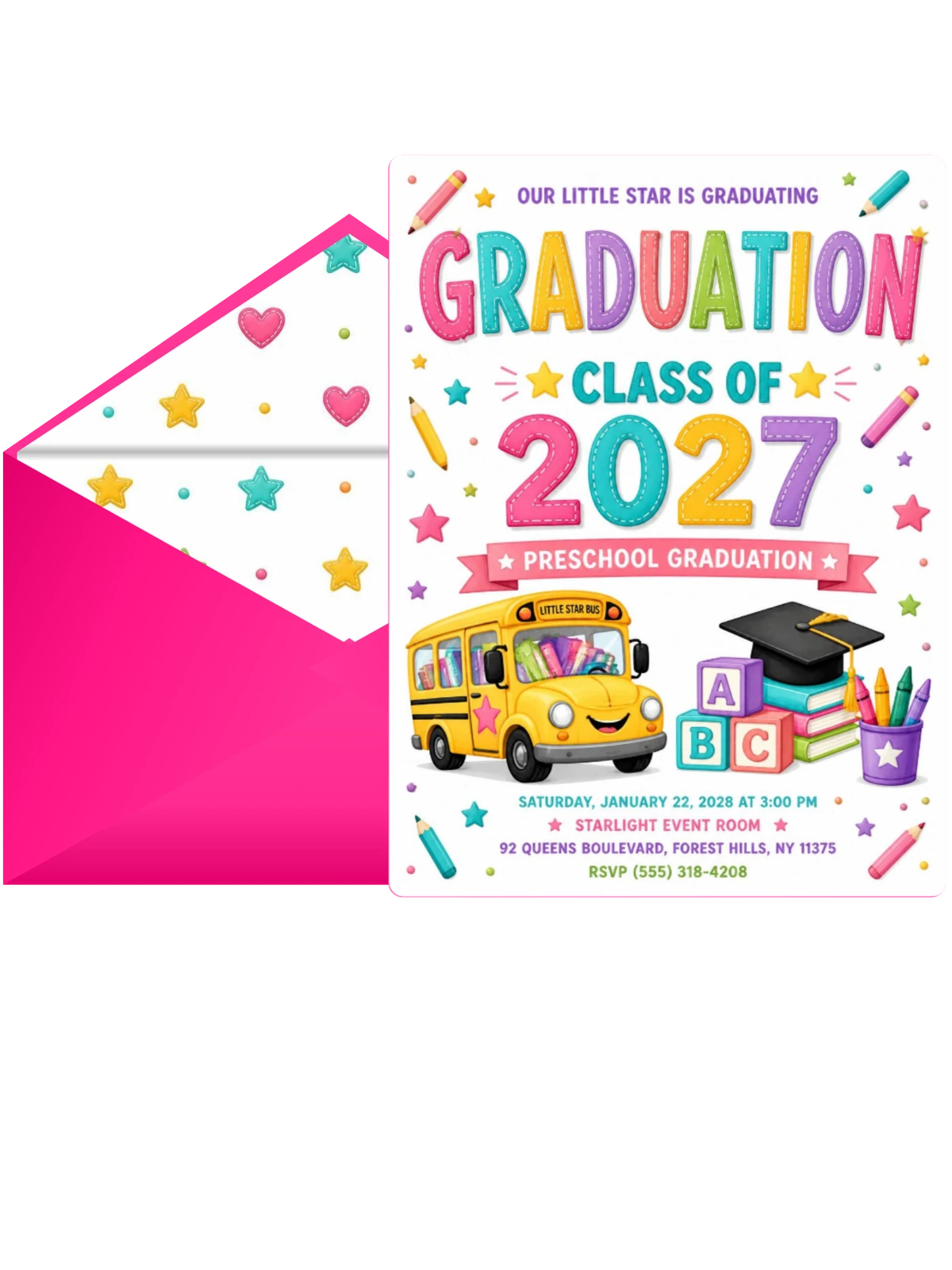 Smiling School Bus Preschool Graduation Invitation