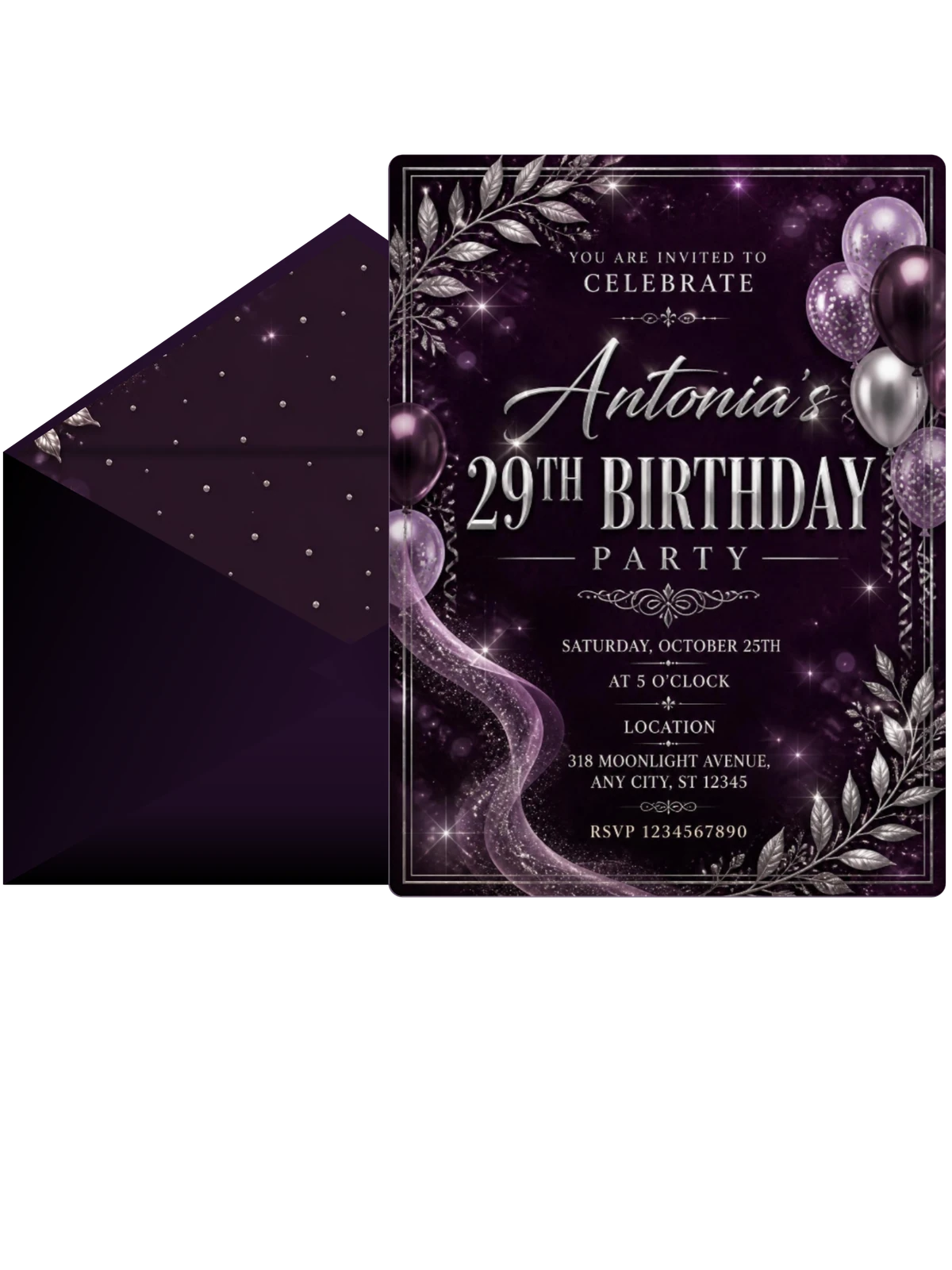 Plum and Silver 29th Birthday Invitation
