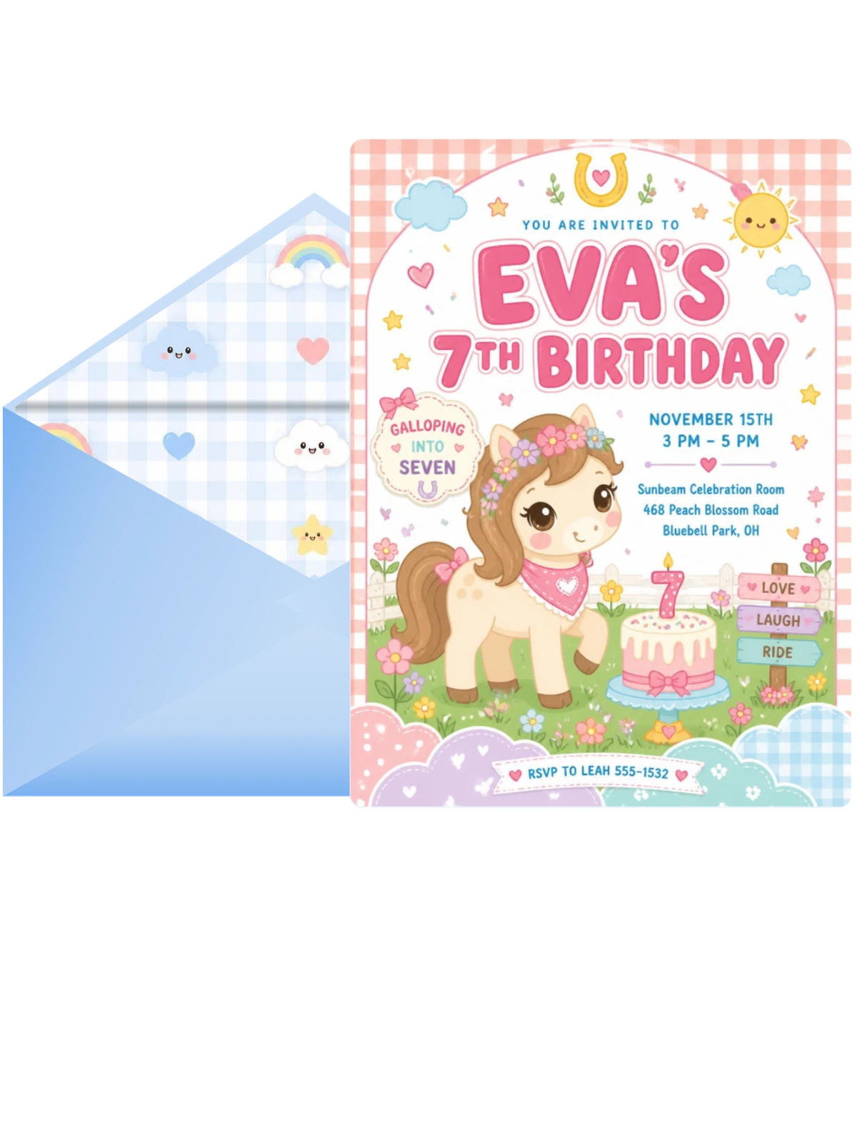 Kawaii Pony 7th Birthday Invitation