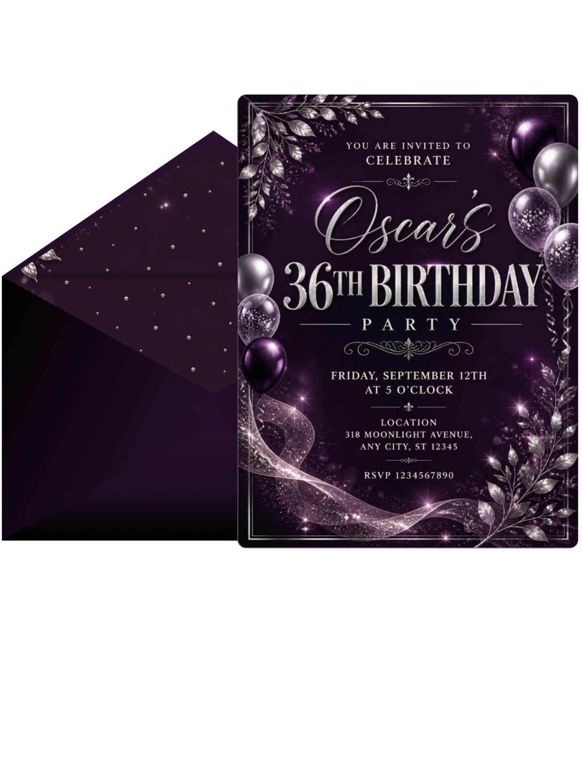 Plum and Silver 36th Birthday Invitation