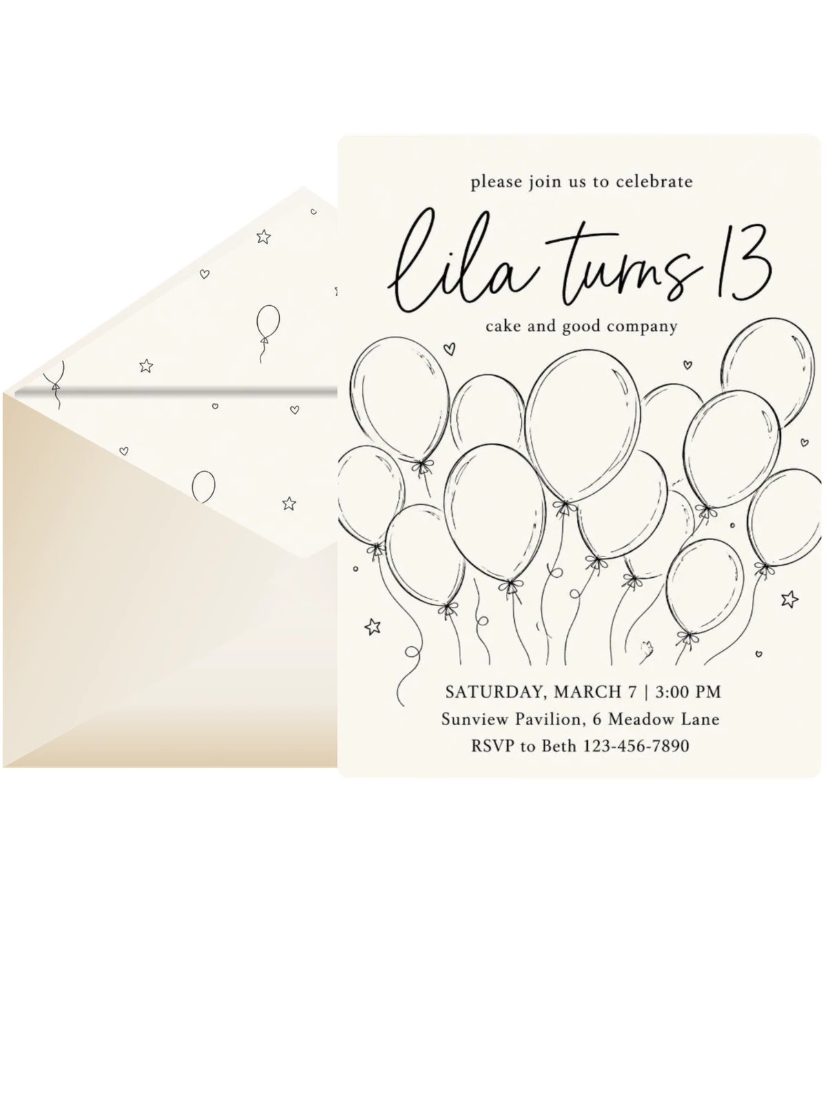Minimalist Hand-Drawn Balloon 13th Birthday Invitation