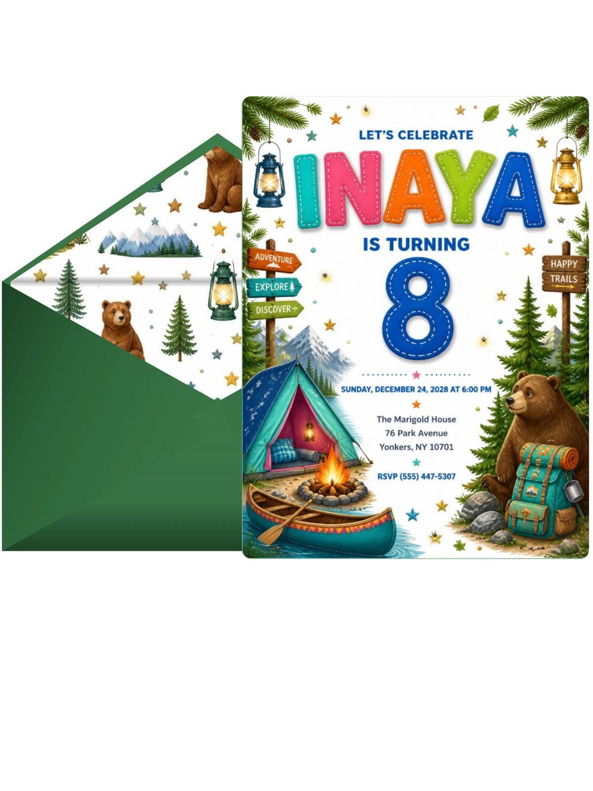 Stitched Camping 8th Birthday Invitation