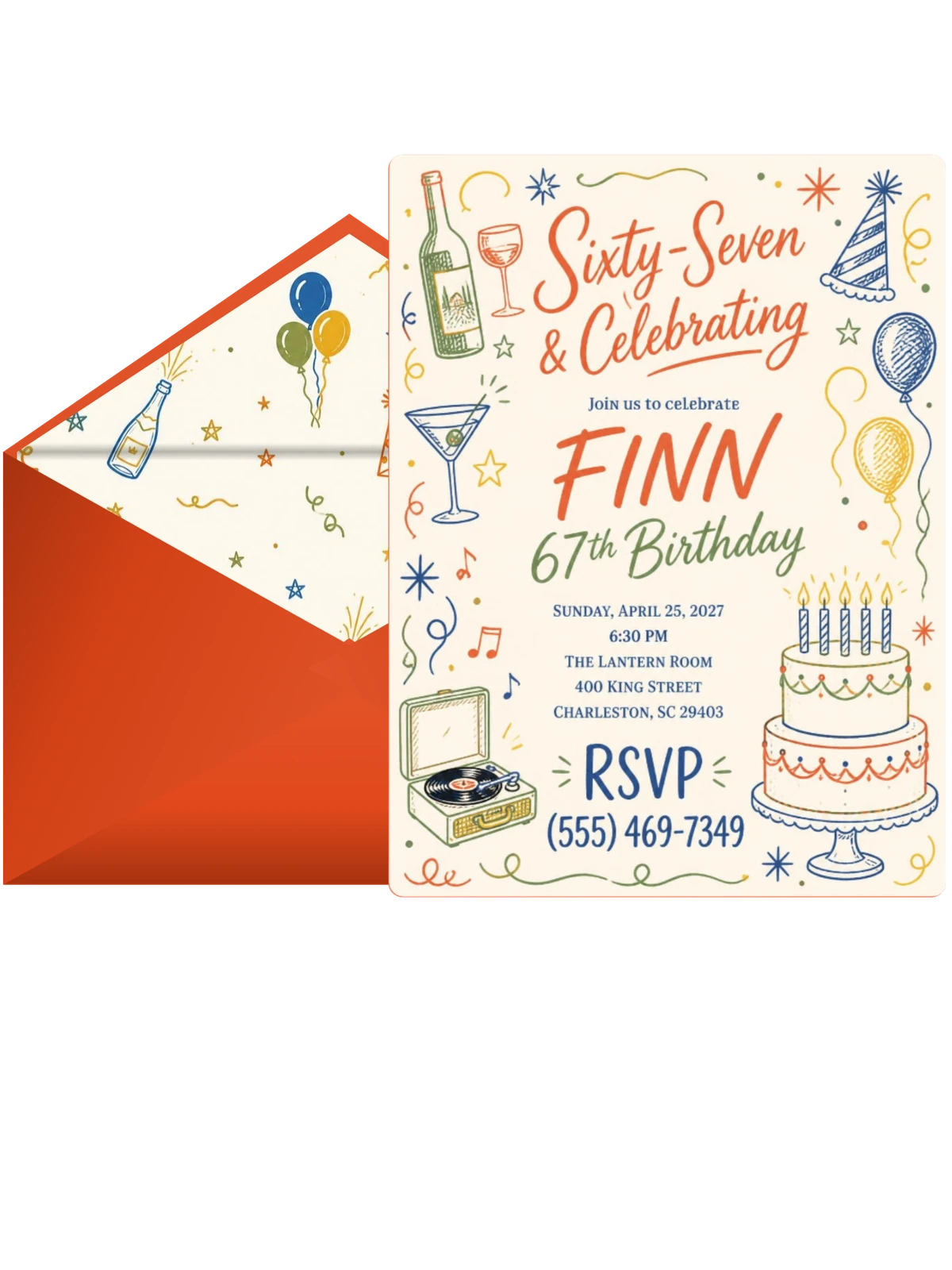 Retro Doodle 67th Birthday Invitation
