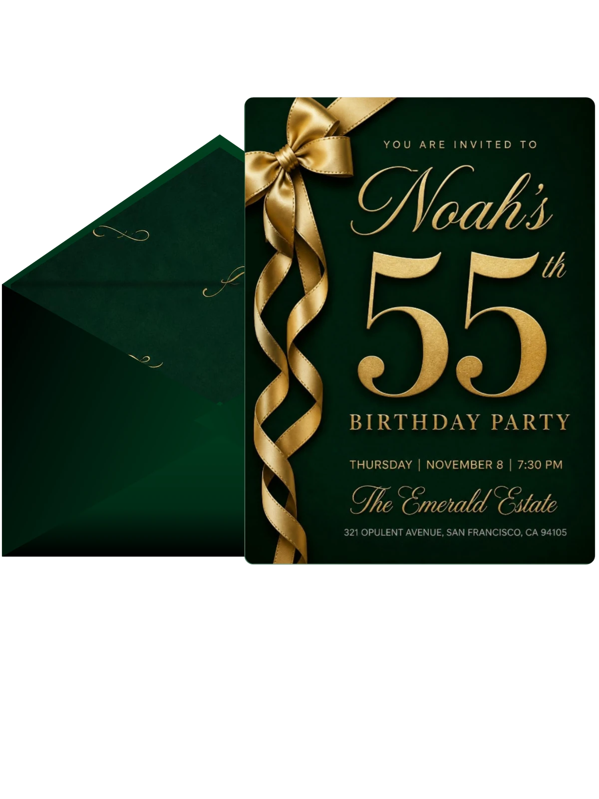 Emerald and Gold Ribbon 55th Birthday Invitation