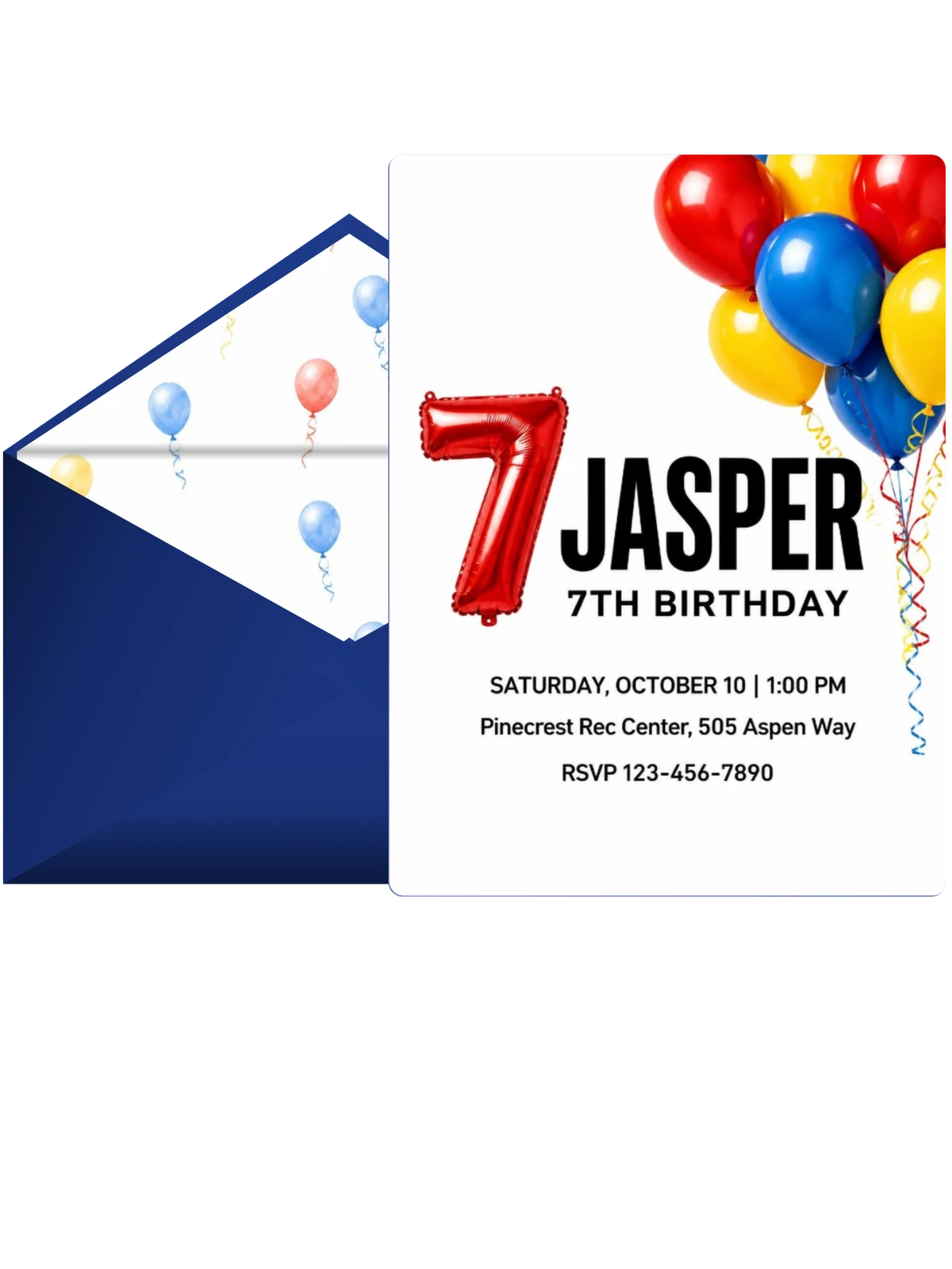 Primary Balloon Numerals 7th Birthday Invitation