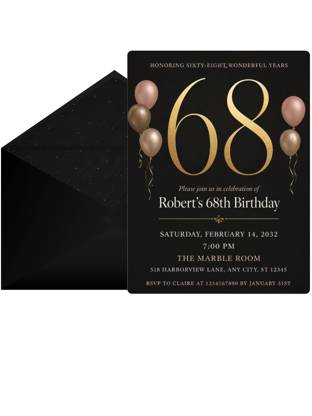 Charcoal and Blush 68th Birthday Invitation