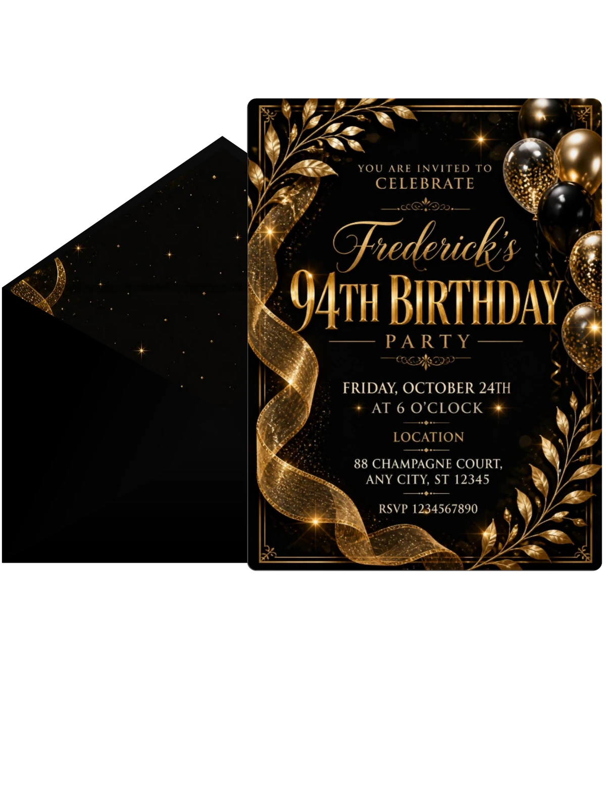 Black and Gold 94th Birthday Invitation