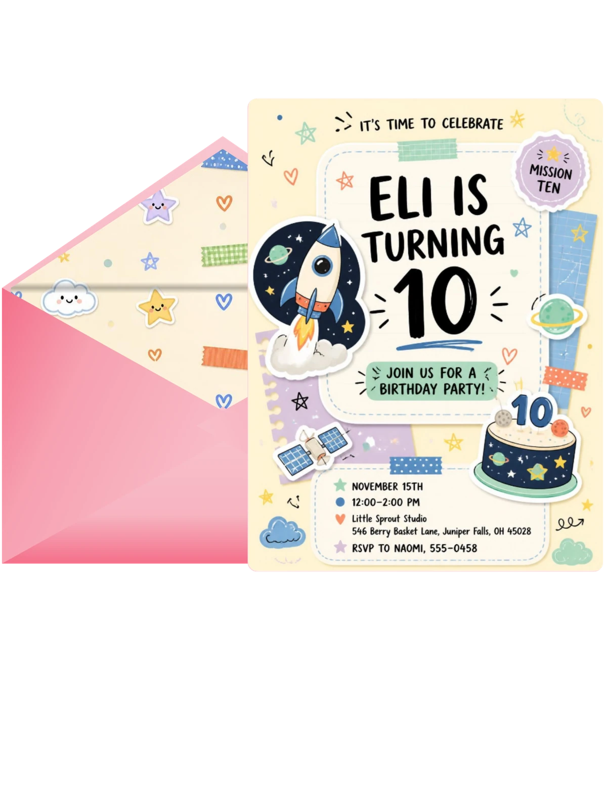Rocket Ship Pastel 10th Birthday Invitation
