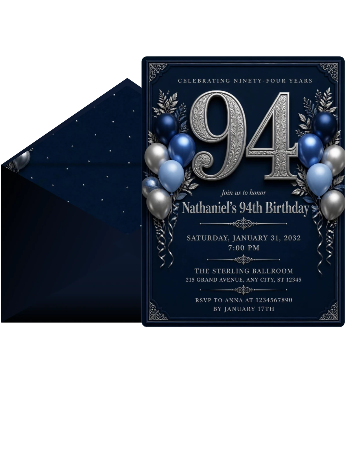 Navy and Silver 94th Birthday Invitation