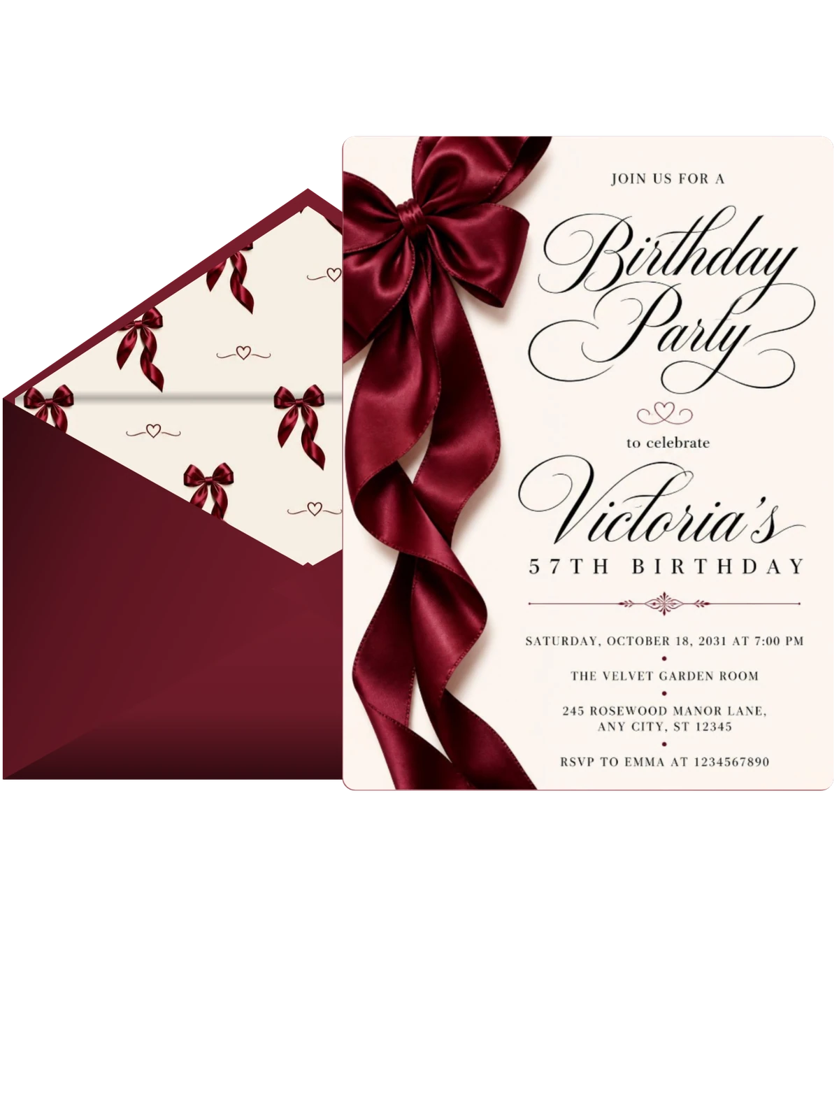 Burgundy Satin Bow 57th Birthday Invitation