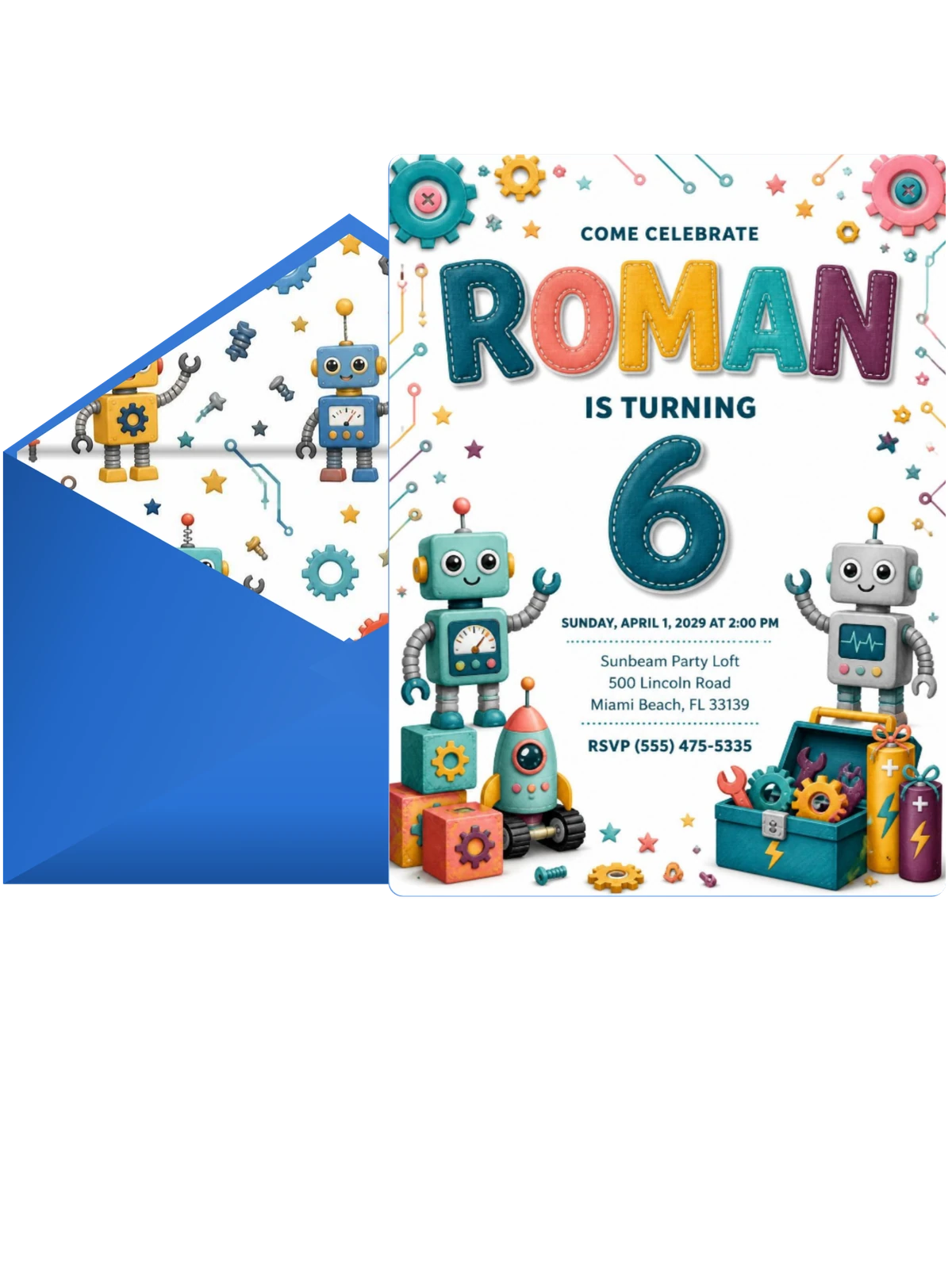 Stitched Robot 6th Birthday Invitation