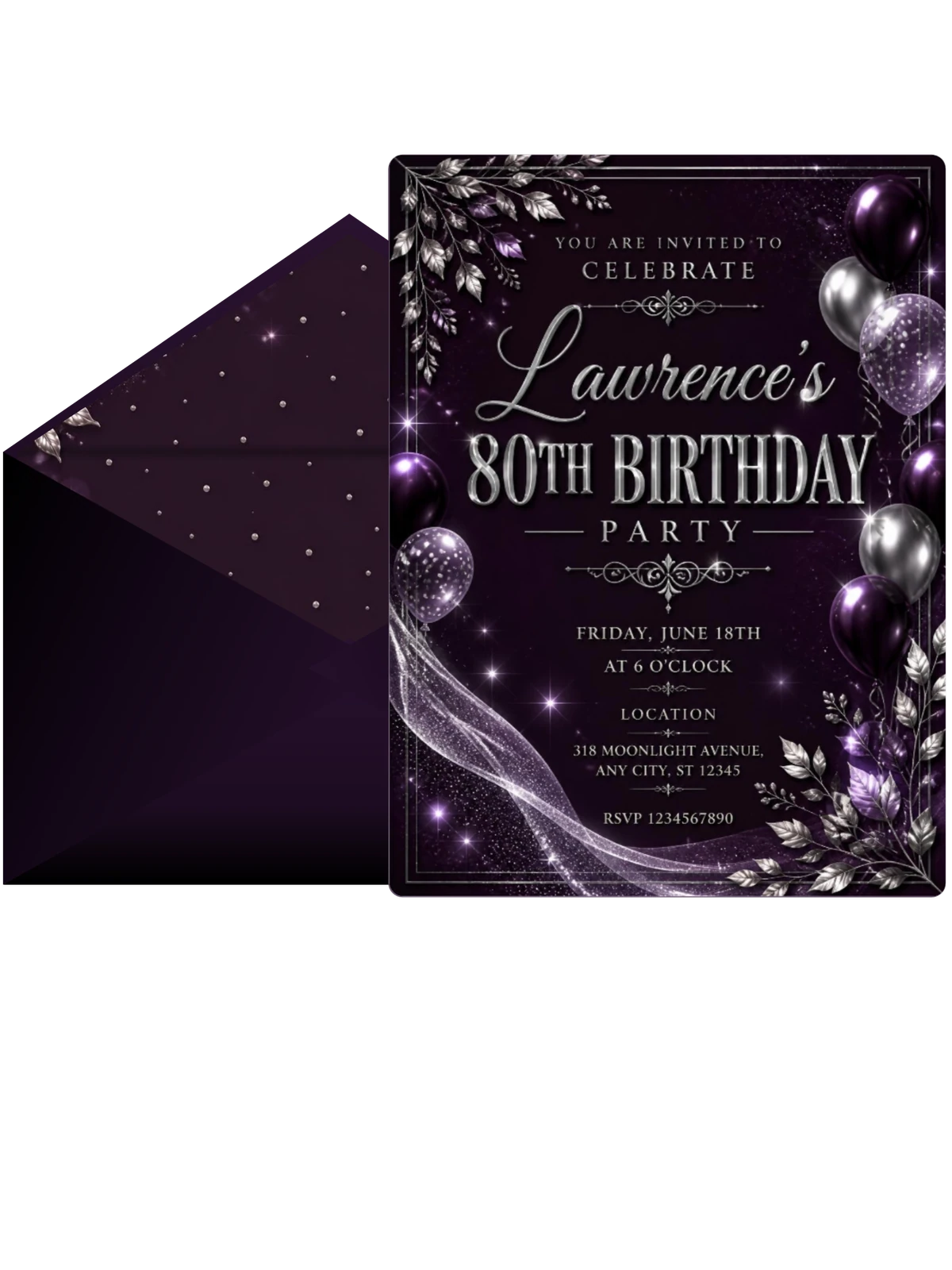 Plum and Silver 80th Birthday Invitation