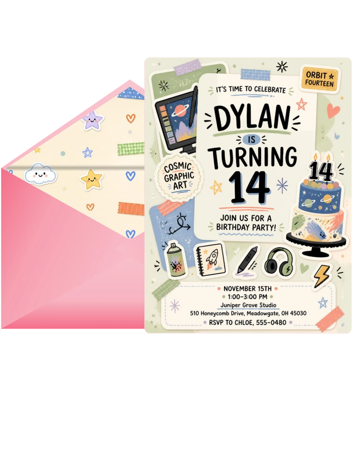 Pastel Digital Art 14th Birthday Invitation