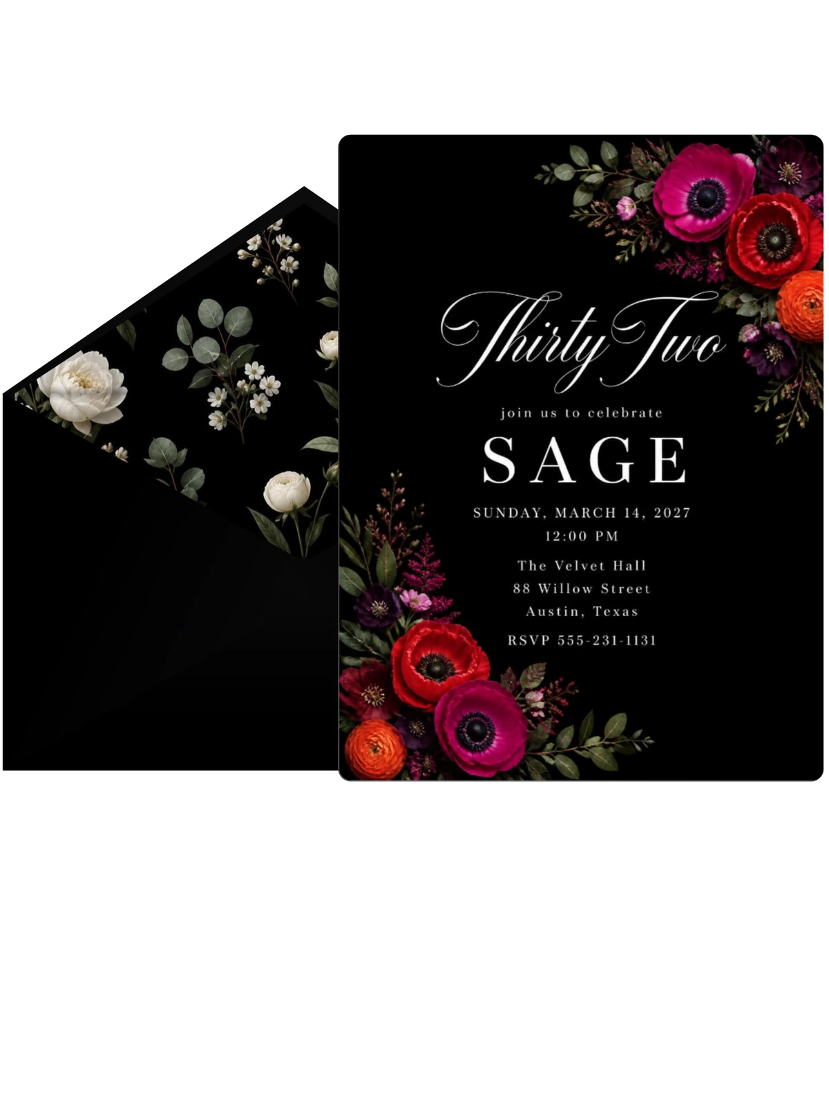 Black Floral 32nd Birthday Invitation